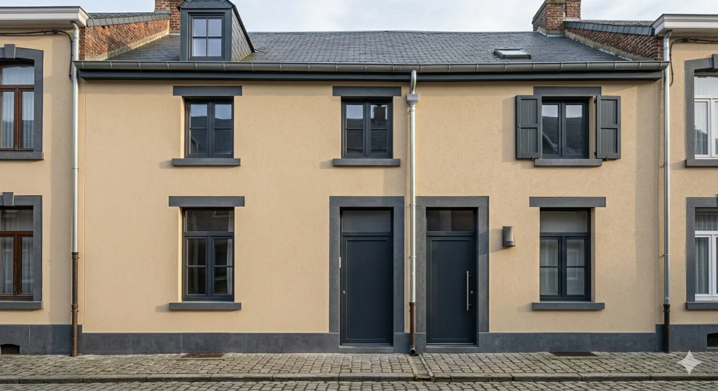 Façade rénovée avec crépi décoratif à Gembloux