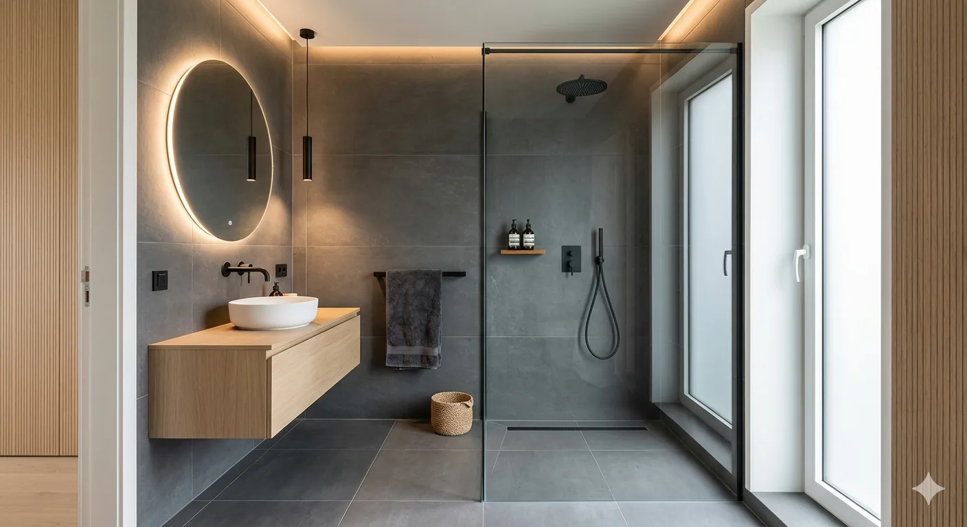 Salle de bain rénovée à Namur, douche italienne et carrelage grand format