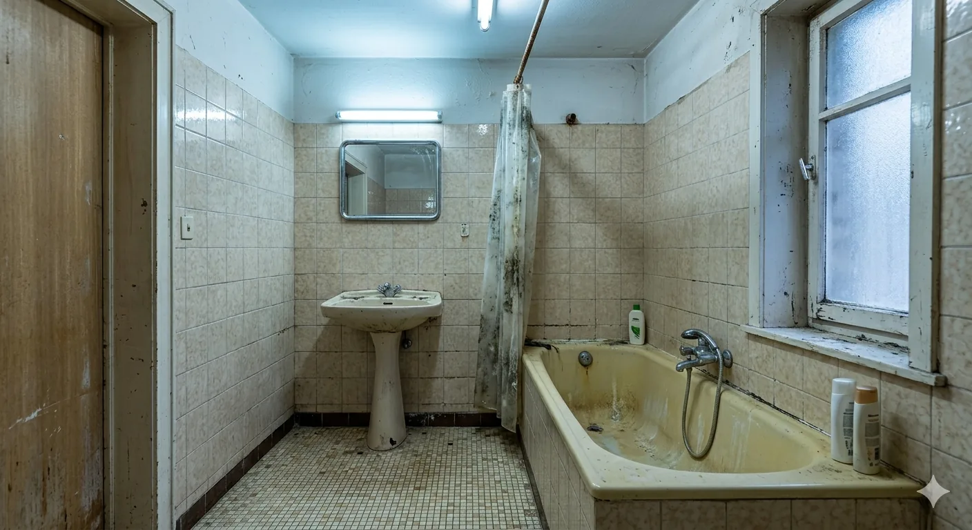 État initial de la salle de bain avant rénovation, ancien carrelage